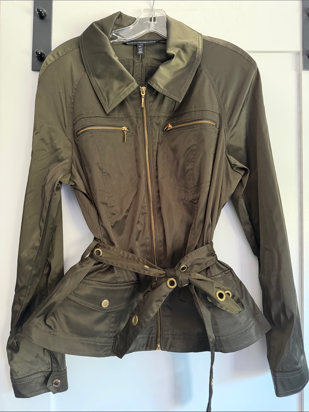 White House Black Market Olive Utility Belted Jacket with Gold Hardware
